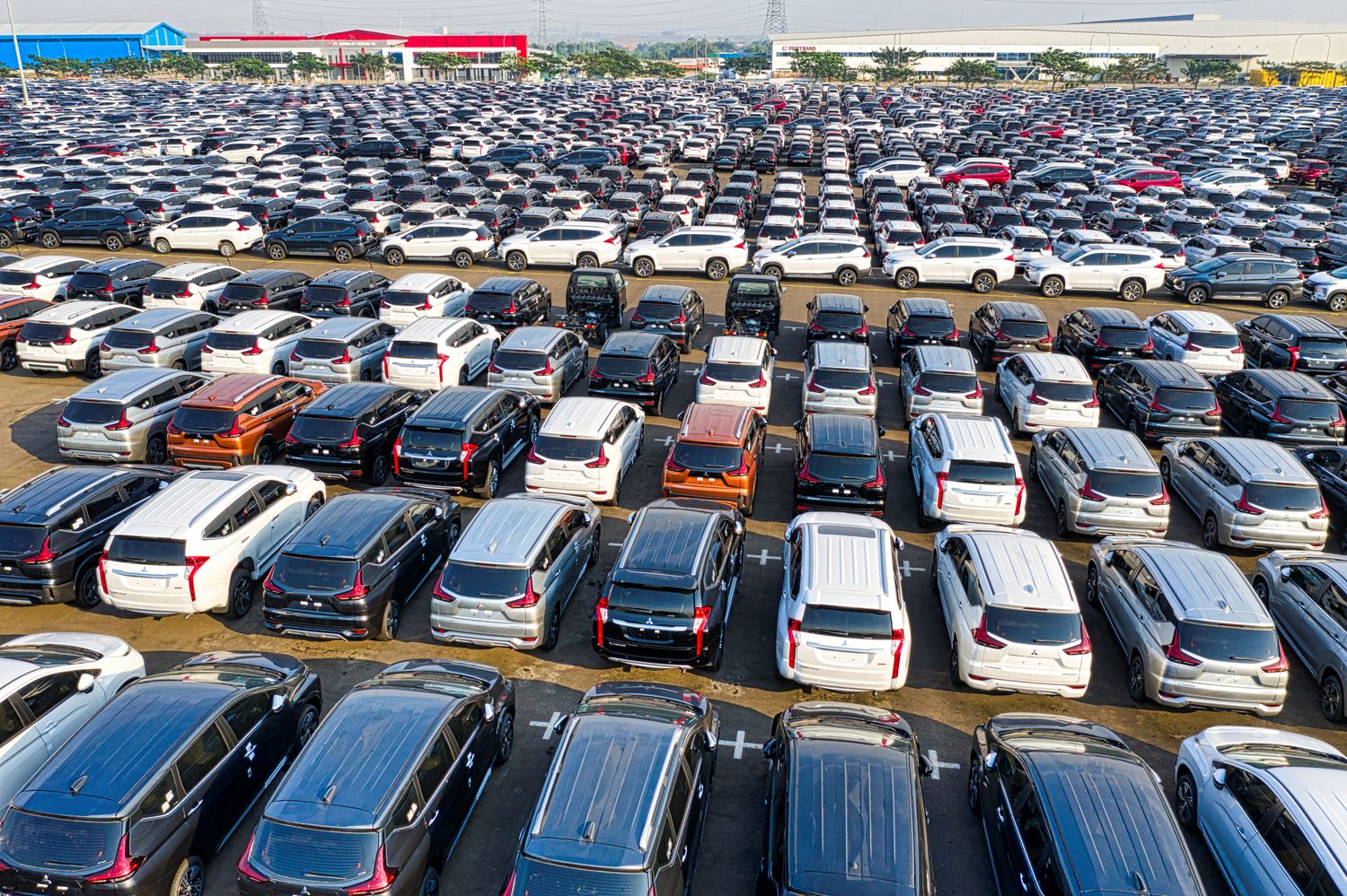 Hundreds of used cars lined up at a Japanese auction yard