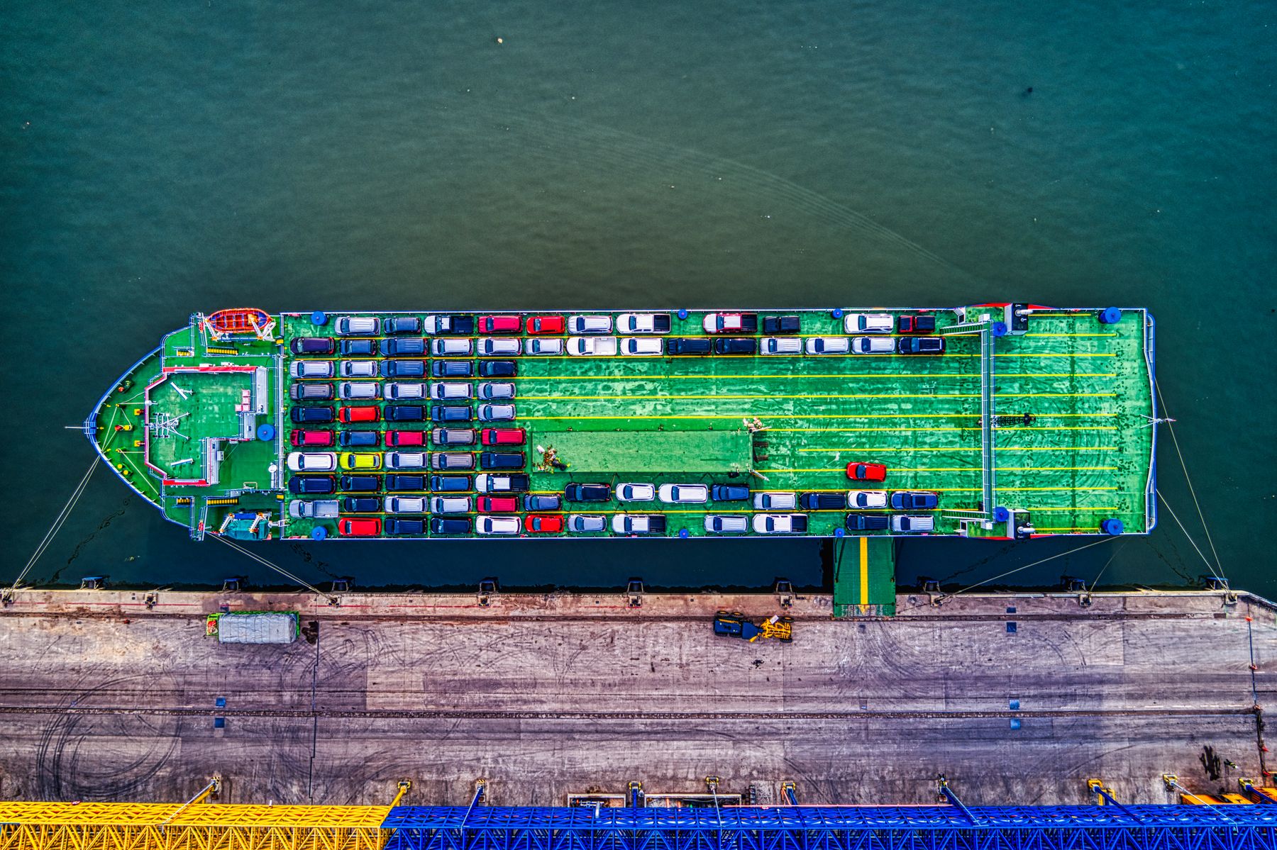 Car carrier ship loaded with vehicles at a Japanese port