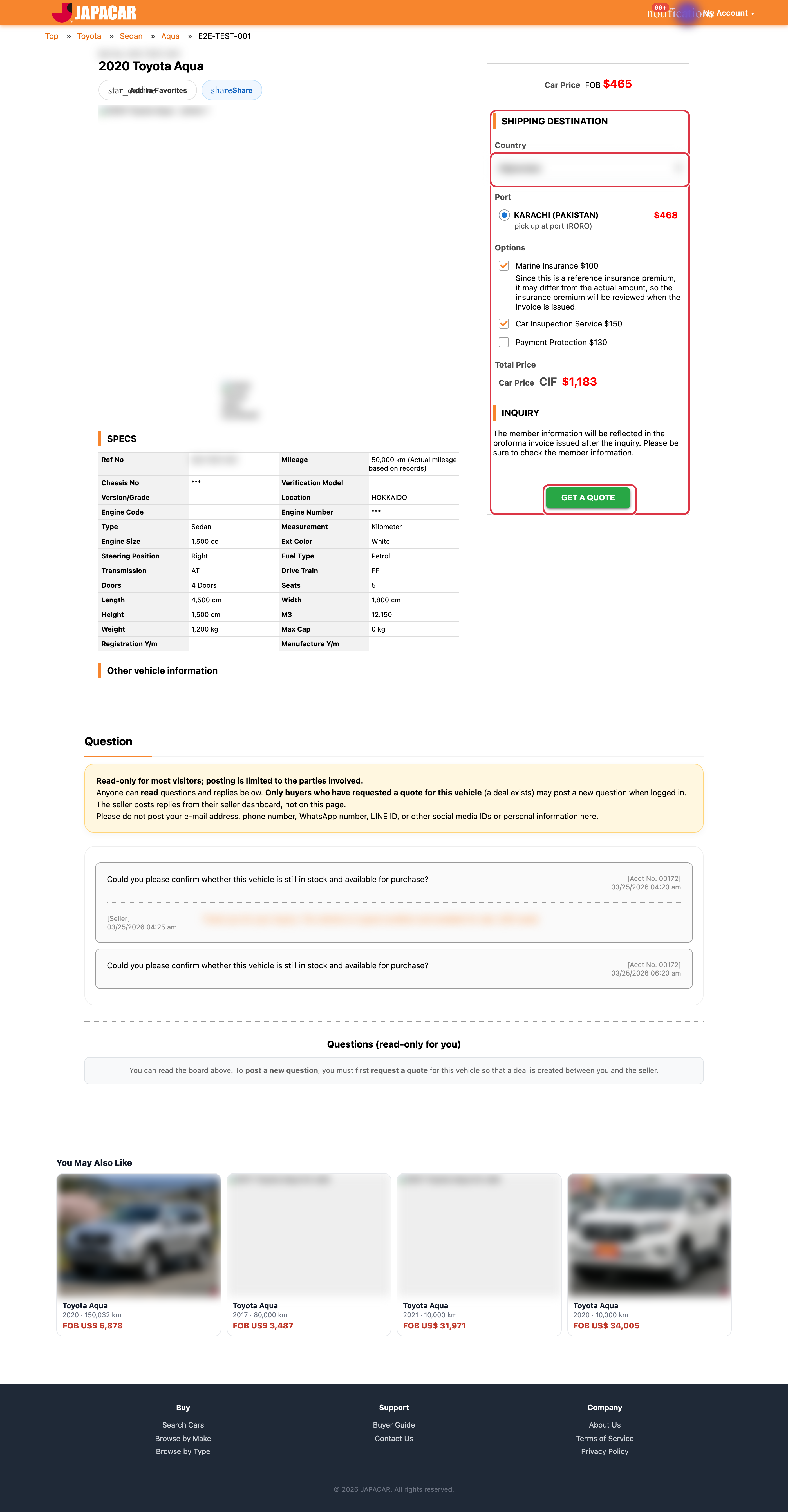 Quote request on vehicle page