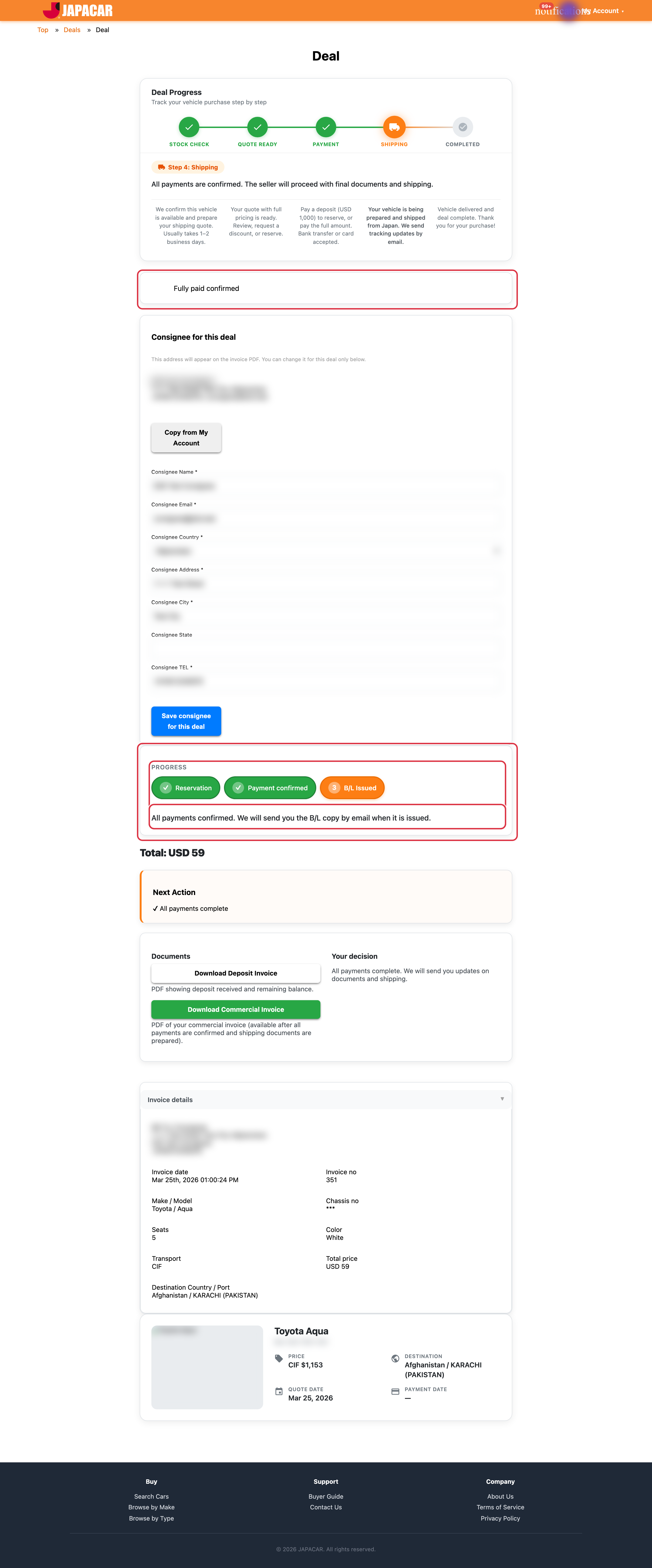 Deal page after payments confirmed — status badge and progress